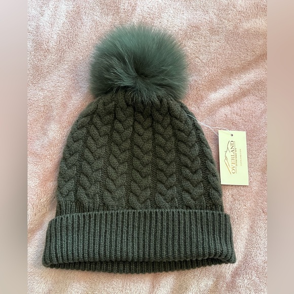 Overland Knit Cashmere Beanie Hat with Detachable Fox and Raccoon Fur Pom - Picture 1 of 4
